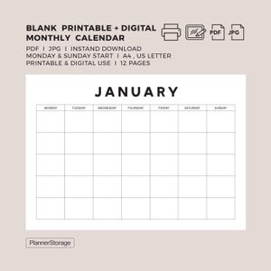 Może przedstawiać: Pusty, drukowany i cyfrowy kalendarz miesięczny na styczeń. Kalendarz ma układ siatki z dniami tygodnia u góry. Tekst "BLANK PRINTABLE + DIGITAL MONTHLY CALENDAR" znajduje się na górze, wraz z innymi szczegółami.
