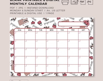 white | Blank Kawaii Paper dolls Tartan Plaid Dress Monthly Printable & Digital Calendar Planner Template | Goodnotes | Instant Download PDF