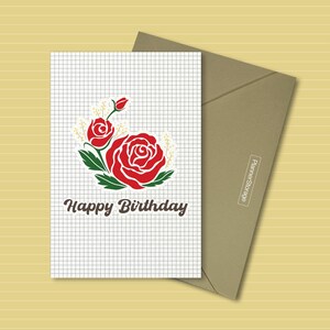 Cartão de aniversário para impressão em PDF com buquê floral de rosas vermelhas vintage retrô e botânicas | Cartão com o idioma das flores do mês de nascimento | Download instantâneo em PDF