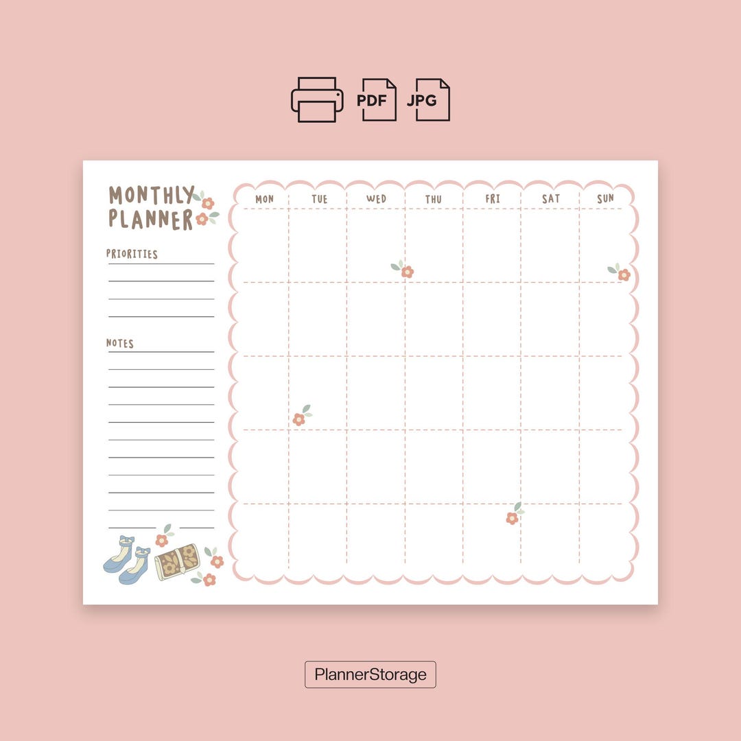 Monthly Planner Printable Floral | Cute Aesthetic Calendar Template