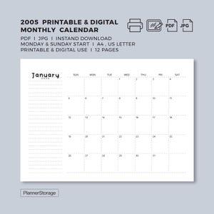 Calendario mensual imprimible y digital 2025 con fuente kawaii minimalista y líneas discontinuas / A4, carta / horizontal / Descarga instantánea en PDF