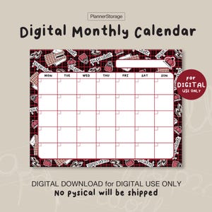 Bonita página de calendario mensual digital kawaii en blanco con vestido de cuadros escoceses de estilo mod vintage de los años 60, letra estadounidense, descarga de calendario