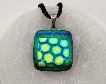 Heart Chakra - Emerald Green and Gold Honeycomb Shimmering Dichroic Fused Glass Bead Pendant