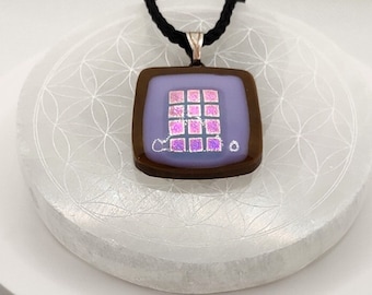 Crown Chakra - Lavender Purple and Pink Checkers Dichroic Fused Glass Bead Pendant