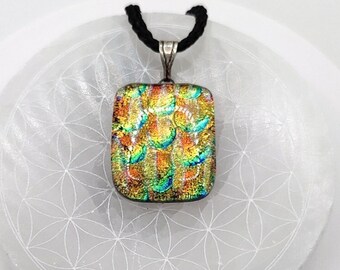 Heart Chakra - Rainbow Green Hologram Bubbles Fused Dichroic Fused Glass Bead Pendant