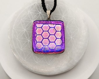 Soul Star Chakra - Purple Pink and Gold Honeycomb Sparkling Dichroic Fused Glass Bead Pendant  !