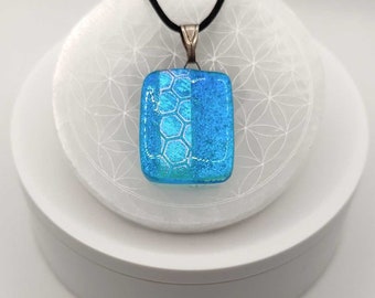 Throat Chakra - Ocean Blue Honeycomb Shimmering Dichroic Fused Glass Bead Pendant