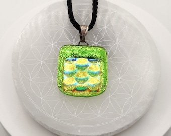 Heart Chakra - Lime Green Bubbles Shimmering Fused Dichroic Fused Glass Bead Pendant