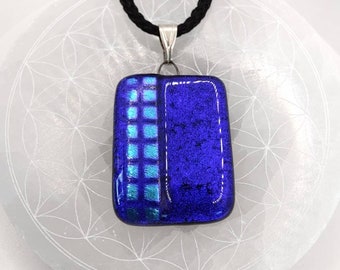 Third Eye Chakra - Deep Blue And Aqua Checkers Dichroic Fused Glass Bead Pendant  !