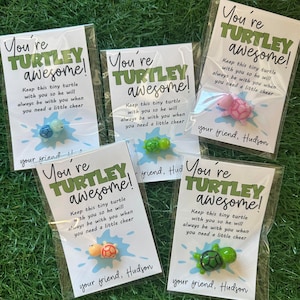 May include: Four white cards with the text "You're TURTLEY awesome!" and a small turtle charm attached to each card. The cards have a blue and green splatter design. The text "Keep this tiny turtle with you so he will always be with you when you need a little cheer" is on each card. The cards are signed "your friend, Hudson".