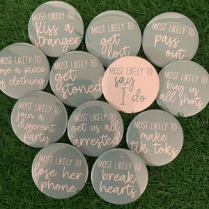 Blush Wedding Party Buttons for Bachelorette or Bridesmaids. Pinback buttons  with 1 FREE Bride pin, Add in gift for proposal box, Style 2