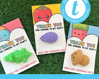 Print Your Own Squish Birthday Favors for Class or Home Parties - You print, DIY, Thank you cards. Editable Digital Download Squishy Animals