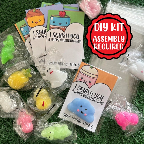 I Squish You A Happy Valentine's Day Classroom Party Kit - Squishy Mochi Valentine Kit, preprinted with your child's name. Squish Mochi