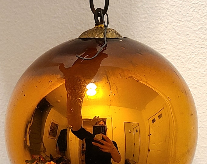 RARE Antique Original Victorian Kugel Ornament Gold Amber Glass. Flat