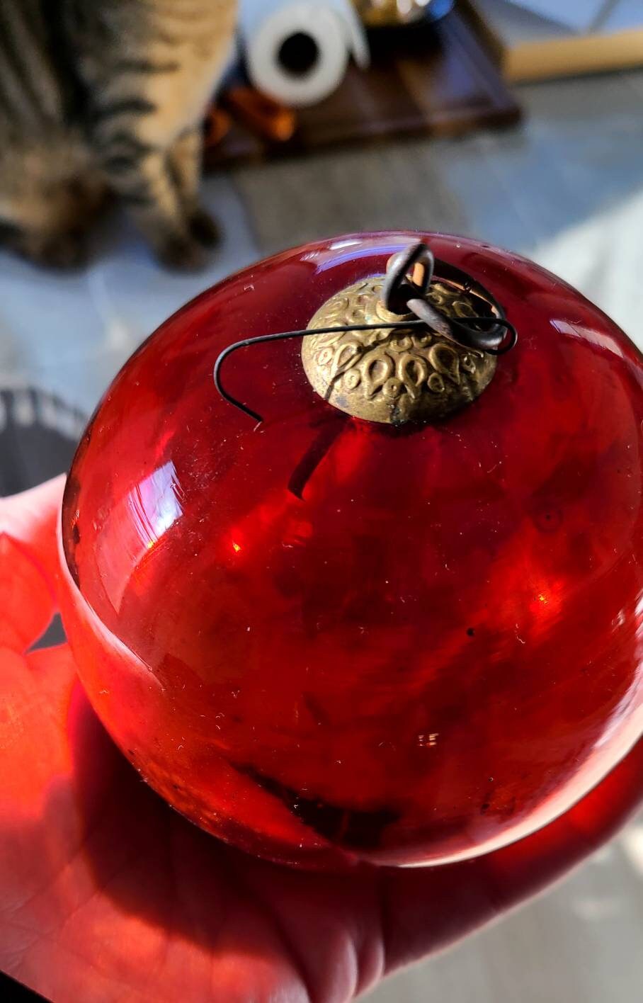 RARE Antique Original Victorian Kugel Ornament Red Glass Ball. Silver