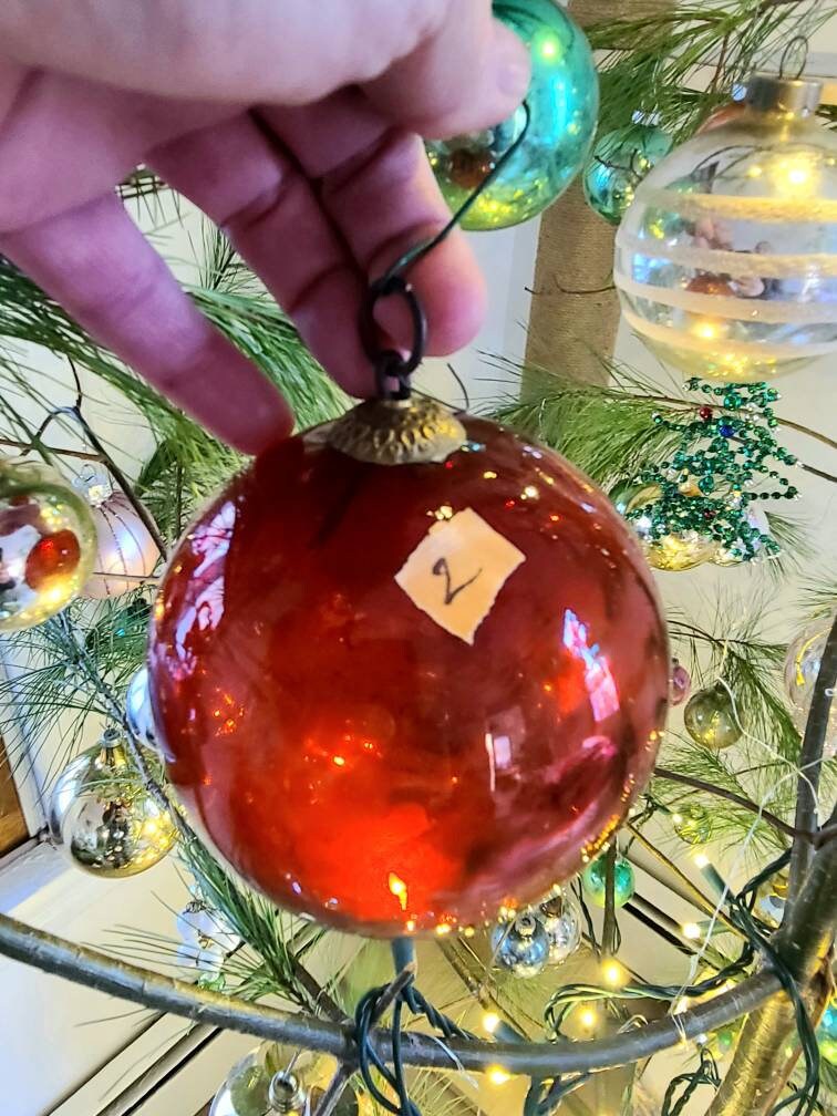 RARE Antique Original Victorian Kugel Ornament Red Glass Ball. Silver