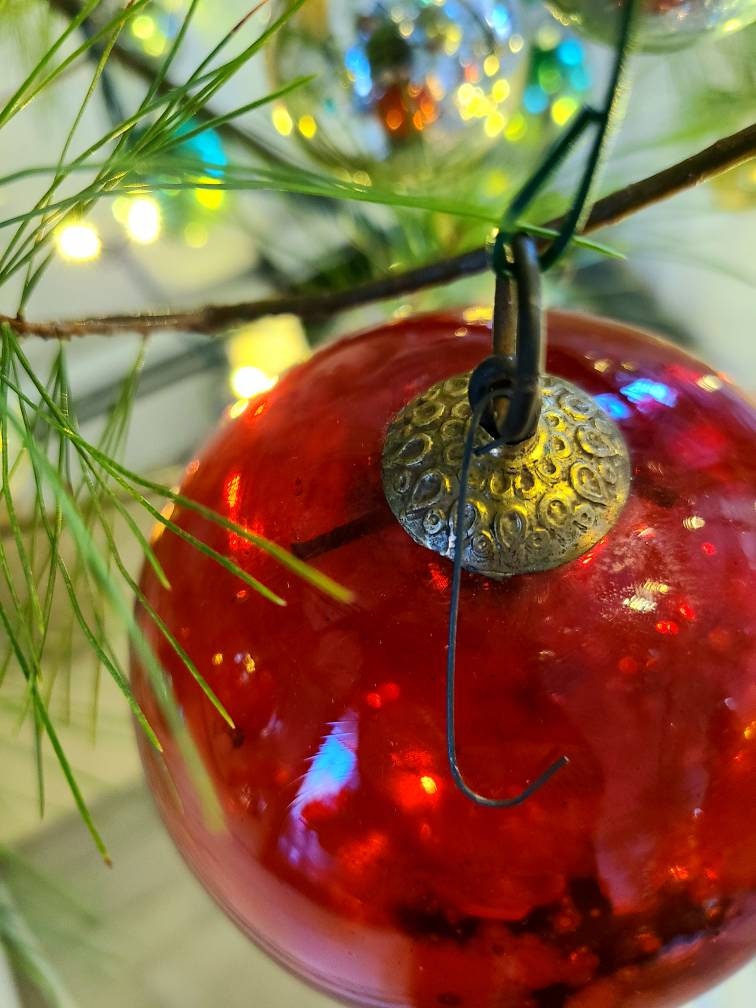 RARE Antique Original Victorian Kugel Ornament Red Glass Ball. Silver