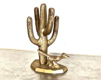 vintage brass cactus - 1960s mid century solid brass cactus/bird statue