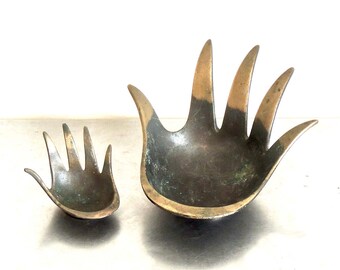 vintage brass hand bowls - 1960s midcentury brutalist brass hand ashtray bowls set of 2