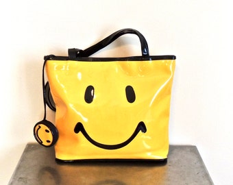 vintage smiley face tote purse - early 90s yellow/black patent leather smile purse w/ attached coin pouch