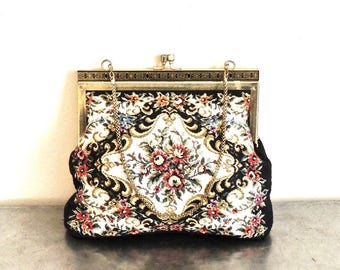 vintage tapestry purse - 1940s-50s floral woven tapestry snap-top chain strap clutch purse