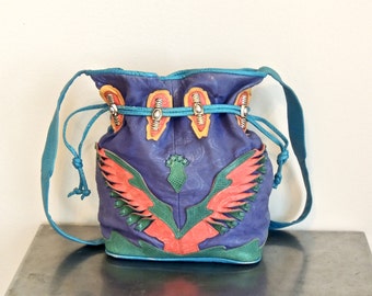 vintage leather bucket purse - 1980s Viva of California multicolored southwestern drawstring purse