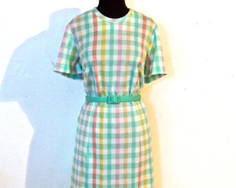 vintage pastel plaid dress - 1960s Gracie Square Originals plaid knit belted dress & jacket set