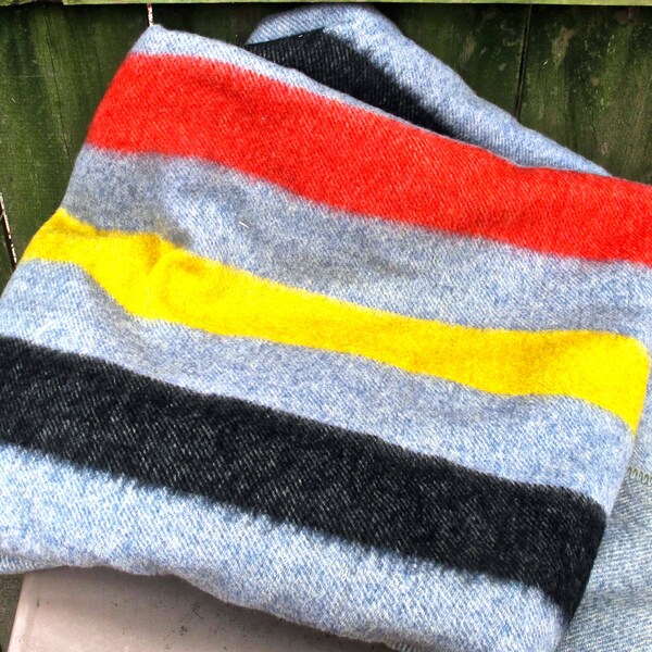 vintage wool blanket - 1960s striped Pendleton grey/yellow/orange/black large wool blanket spread