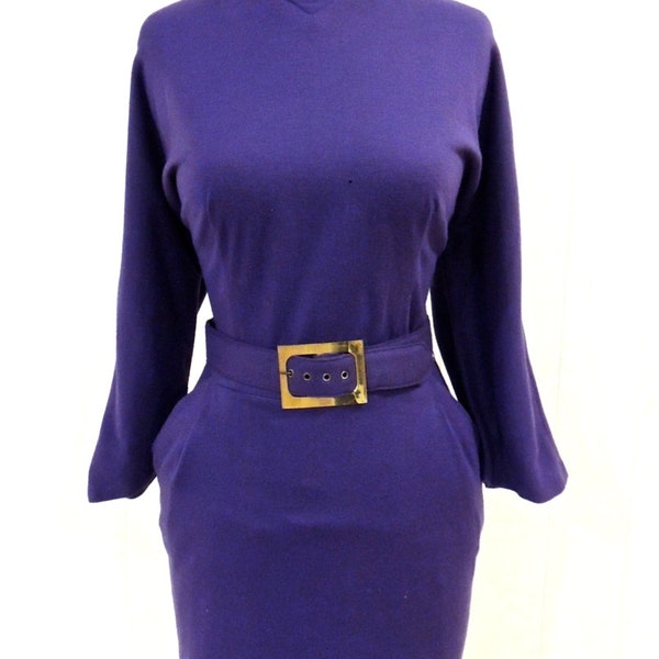 vintage mod purple dress - 1960s purple belted knit mock-turtleneck minidress