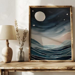 Mond und Sternen Wandbild, Mond Kunst, Nachthimmel Kunstwerk, Nachthimmel Gemälde, himmlisches Ozean Poster, Mond Kunst, Nachtlandschaftsdruck