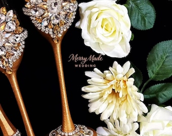 Juego personalizado de copas de champán y pala para pastel de cristal dorado champán para aniversario, regalo elegante para parejas.