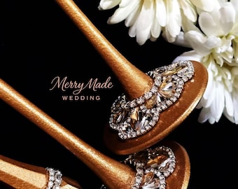 Juego de regalo para novios, copas de champán de cristal color oro champán y juego de cuchillo para pastel, recuerdo de boda personalizado