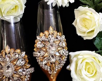 Juego de copas de champán y pala para pastel, regalo de compromiso, cristal dorado champán, ideal para parejas recién comprometidas.
