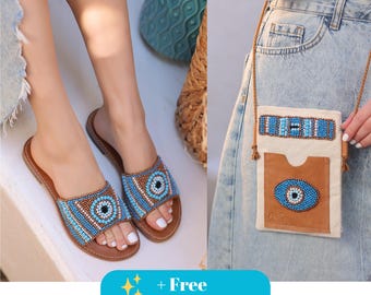 Handmade Leather Evil Eye Sandals + Free Boho Phone Bag