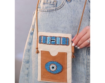 Handmade Boho Leather Shoulder Bag: Beaded Evil Eye Summer Purse