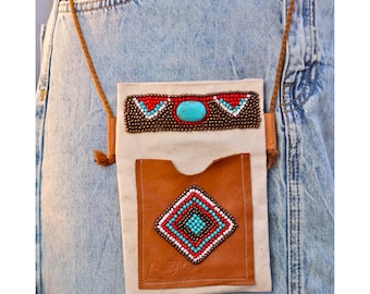 Boho Leather & Turquoise Stone Shoulder Bag: Handmade Beaded Purse