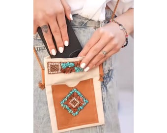 Boho Leather & Turquoise Gemstone Bag: Handmade Beaded Shoulder Purse