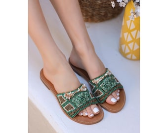 Boho Handmade Aventurine & Pearl Beaded Leather Sandals