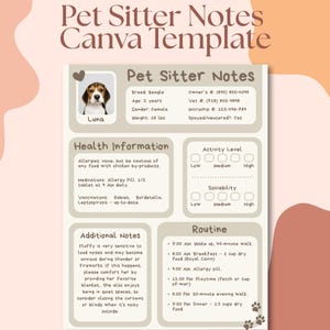Plantilla editable de notas para cuidadores de mascotas / Hoja imprimible de cuidados para perros / Hoja informativa para cachorros / Plantilla de Canva para dueños de mascotas / A4 y carta de EE. UU.