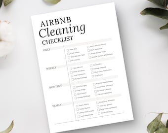 Könnte beinhalten: Eine schwarz-weiße druckbare Checkliste für die Reinigung eines Airbnb. Die Checkliste ist in vier Abschnitte unterteilt: Täglich, Wöchentlich, Monatlich und Jährlich. Jeder Abschnitt enthält eine Liste von Reinigungsaufgaben, die zu erledigen sind.