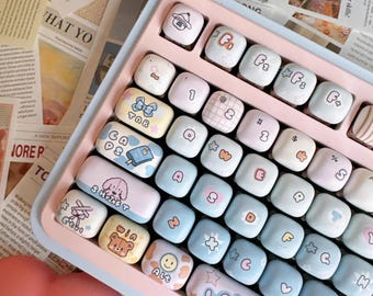 Cute Gradient MOG Round Keycap Set for Mechanical Keyboard, Cartoon Keycaps, Kawaii Keycaps, PBT Dye-Sub, Mx(+)Switches, 137pcs