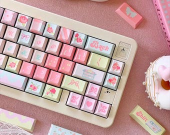 Limited Edition - Rose Theme Keycap Set for Mechanical Keyboard, Cute Keycap Set, Pink Keycap Set, Cherry Profile, PBT Dye-Sub