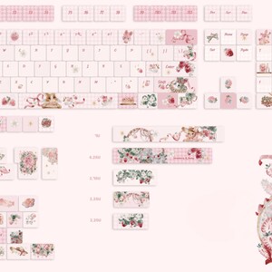 May include: A set of pink and white keyboard keycaps with various designs, including strawberries, bows, and a bunny. The keycaps are arranged in a grid pattern and include the letters of the alphabet, numbers, and punctuation marks. The keycaps are designed for a 60% keyboard layout.