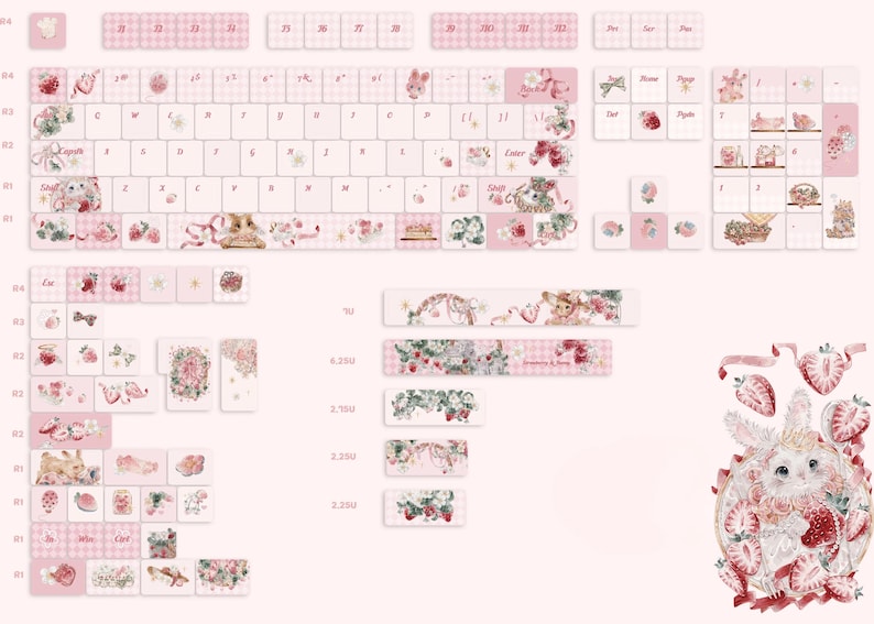 May include: A set of pink and white keyboard keycaps with various designs, including strawberries, bows, and a bunny. The keycaps are arranged in a grid pattern and include the letters of the alphabet, numbers, and punctuation marks. The keycaps are designed for a 60% keyboard layout.