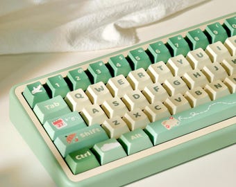 Matcha Green Go Hiking Theme Keycap Set for Mechanical Keyboard, Cute Keycap Set, Artisan Keycaps, Cherry Profile, PBT Dye-Sub