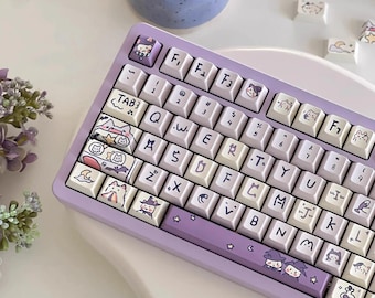 Cute Purple Wizard Magic Cat Keycap Set for Mechanical Keyboard, Kawaii Keycap Set, ISO Keycaps, PBT Dye-Sub, 131&150pcs