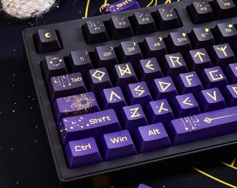 Purple Zodiac Theme Gradient Keycaps Set for Mechanical Keyboard, Backlit Keycaps, Side Print, ISO Keycaps, OEM, PBT DyeSub, 130/135pcs