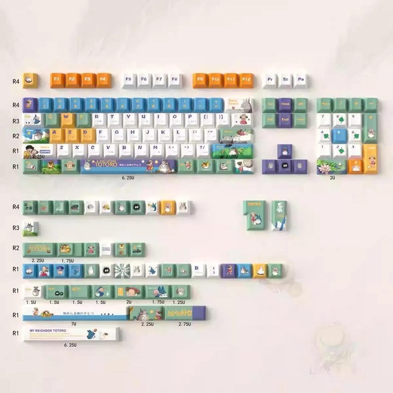 May include: A set of keyboard keycaps featuring a Totoro theme. The keycaps are in various colors, including green, blue, white, and orange. The keycaps are arranged in rows and columns, with each keycap featuring a different Totoro character or design. The keycaps are labeled with the letters of the alphabet, numbers, and symbols. The keycaps are also labeled with the words "My Neighbor Totoro" and "Totoro".