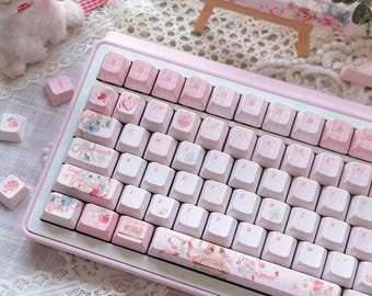 Limited Edition - Bunny in Strawberries Theme Keycap Set for Mechanical Keyboard, Cute Keycap Set, Pink Keycap Set, PBT Dye-Sub, 141pcs