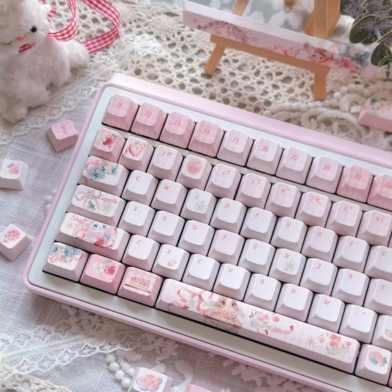 Limited Edition - Bunny in Strawberries Theme Keycap Set for Mechanical Keyboard, Cute Keycap Set, Pink Keycap Set, PBT Dye-Sub, 141pcs